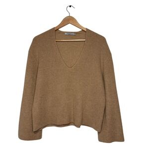 MM LaFleur 100% Cashmere Ribbed V-Neck Sweater Camel Brown Bell Sleeve Small